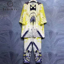 SEQINYY Summer Spring Suit New Fashion Women Beading Crystal Loose Top + Pants Fluorescent Yellow Vintage Flowers Print Set