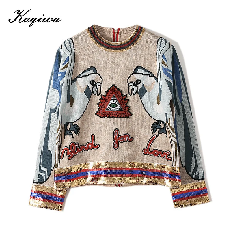 Star same heavy industry Sequin 3D parrot embroidery back zipper knit gold thread long sleeve round neck sweater female B-009 | Женская