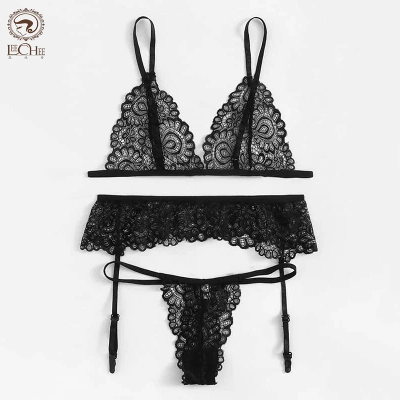 

Leechee New Lace Underwear 3pcs Sexy Bra Set Wire Free Bra For Women Floral Lace Hollow Bralette See Through Female Lingerie Set