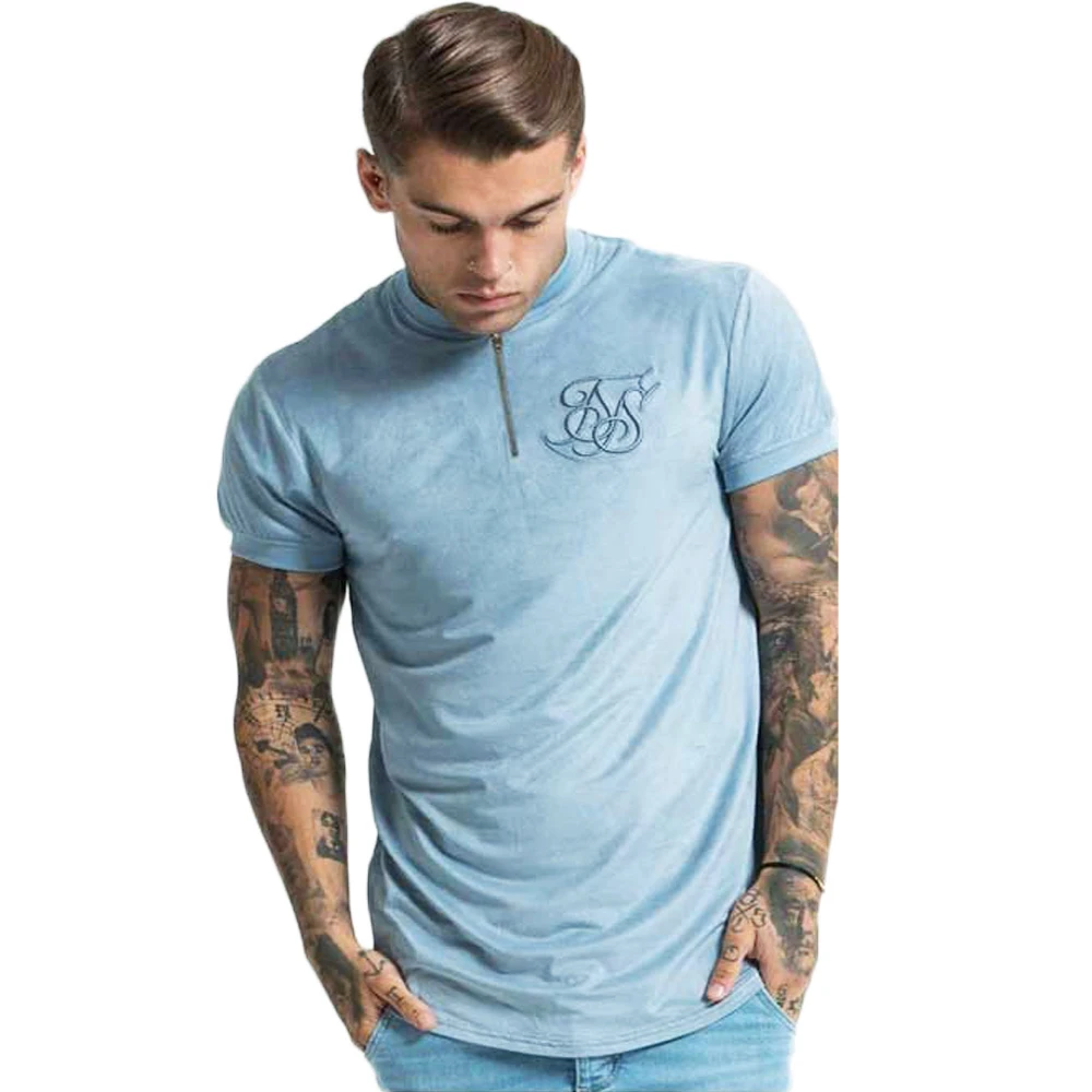 

New Men Cotton T Shirt With Zipper Kanye West ss Silk Silk Casual Streetwear Blue Pattern Print Summer Fashion Clothes