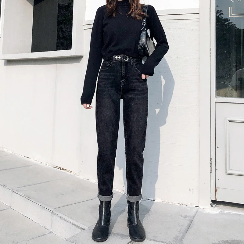 Black pants Женские зимние теплые джинсы, Повседневные Плюшевые Женские брюки с высокой талией, женские джинсовые брюки, женские брюки размера плюс - Цвет: Black pants