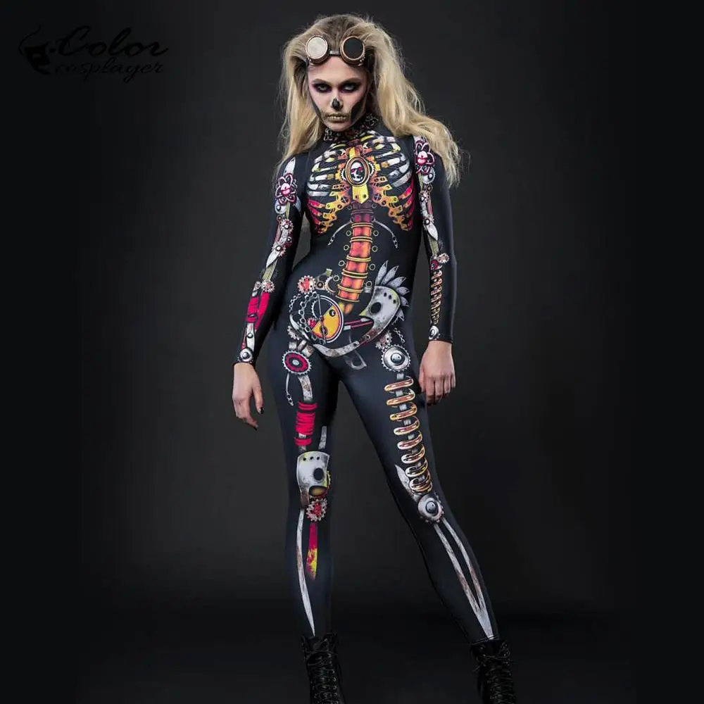 [You're My Secret] Scary Skeleton Skull Printed Bodysuit Halloween Cosplay Women Sexy Jumpsuit Long Sleeve Catsuit For Autumn |
