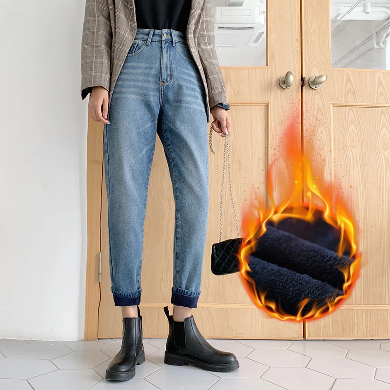 Milinsus, винтажные Женские джинсы-шаровары с высокой талией, свободные, велюровые, зимние, теплые, утолщенные, джинсовые, корейские брюки, женские брюки-карандаш