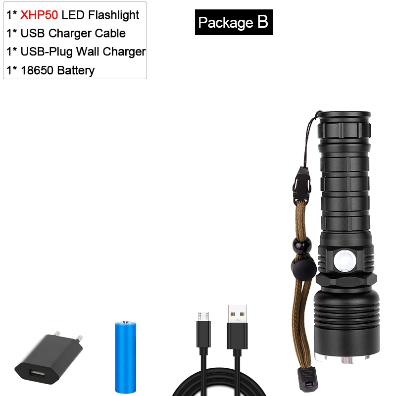 Мощный фонарик XHP70.2 Xlamp светодиодный фонарь XHP50 светодиодный фонарь Водонепроницаемый фонарь с увеличением с батареей 18650 - Испускаемый цвет: Package B