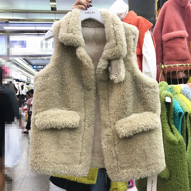 Осень/зима корейский меховой цельный олень кожа ягненка жилет женский без рукавов жилет куртка студентов пальто из искусственного меха