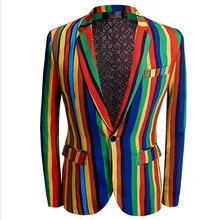 Модный Цветной мужской блейзер в полоску, стильный Радужный повседневный мужской костюм, пиджак на одной пуговице, для выпускного вечера, для выступлений на сцене, пальто, наряд