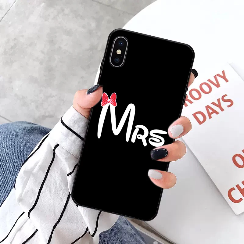 Чехол с милым бантом Mr Mrs для пары iPhone X XS MAX XR 11 Pro 6 6s 7 8 Plus, простой мягкий черный силиконовый чехол для телефона с надписью - Цвет: 4