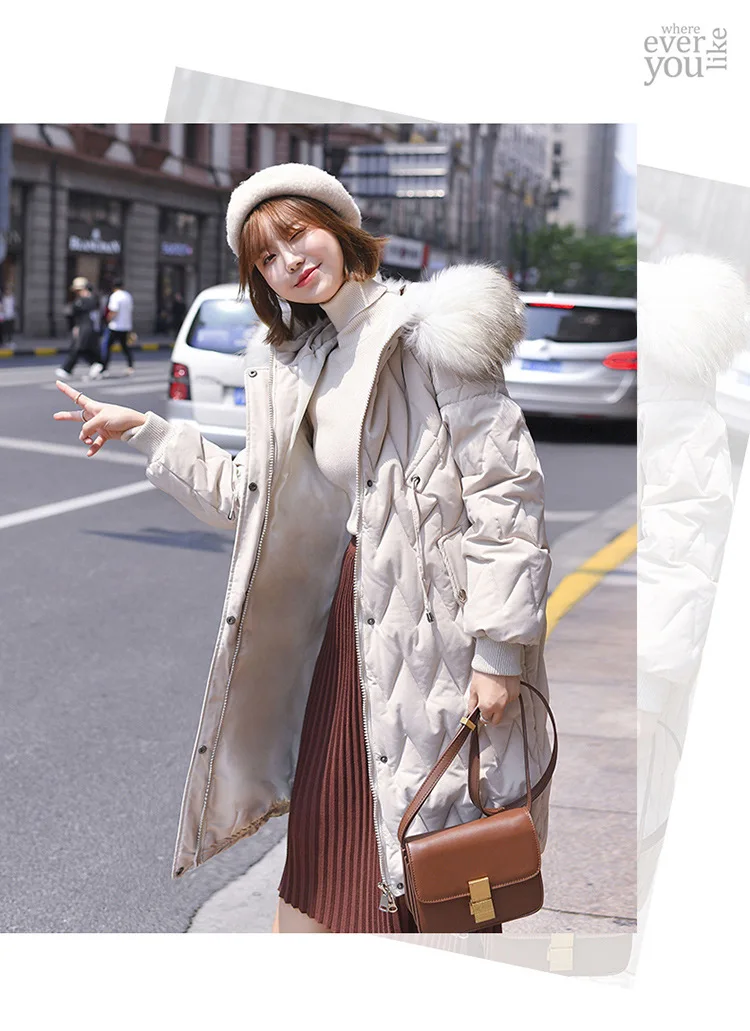 Повседневный длинный пуховик для женщин, зимний модный теплый пуховик с меховым капюшоном, Женский однотонный пуховик с карманами на молнии, Женская куртка, парка, пальто в Корейском стиле