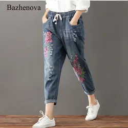 Bazhenva/2019, женские джинсы больших размеров, осенние женские шаровары длиной до щиколотки для девочек, вышивка, свободный джинсовый рваный