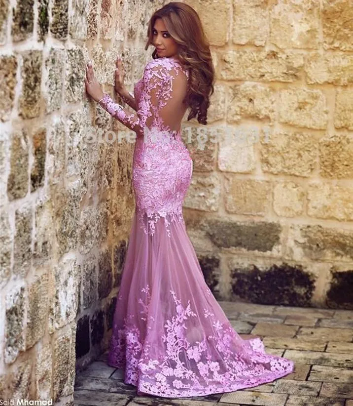 

New Arrival Light Purple Evening Dresses Long 2019 Lace Up Mermaid O neck Full Sleeve Arabic Formal Occasion Party Prom Dresses