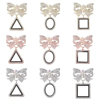 

10PCS Rhinestones Brooch Butterfly Bow Brooch With Square Floating Locket Broches Fit Women Wedding Gift Jewelry Supplies