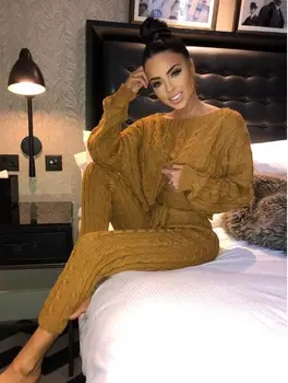 

8-color thick knitted linen pattern long sleeve pants sweater set