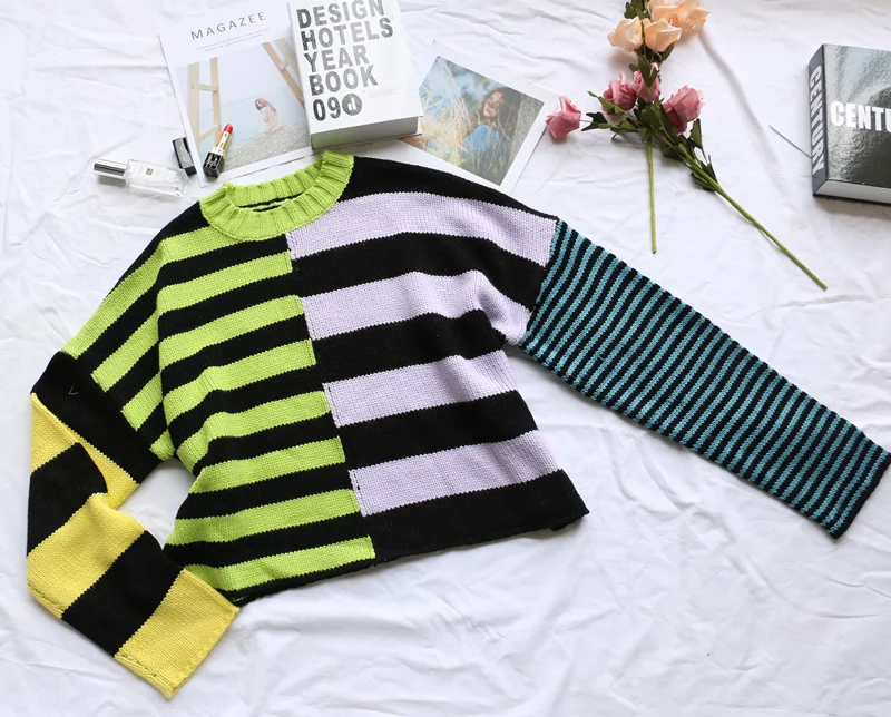 90s vintage Patchwork Loose Strip Print Sweaters Women Harajuku Streetwear Long Sleeve O-neck Oversize Pullovers Female Sweaters green sweater