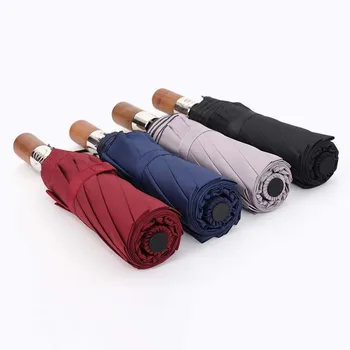 

New automatic folding business umbrella metal wooden handle three-fold umbrellas UV protection sun protection umbrella