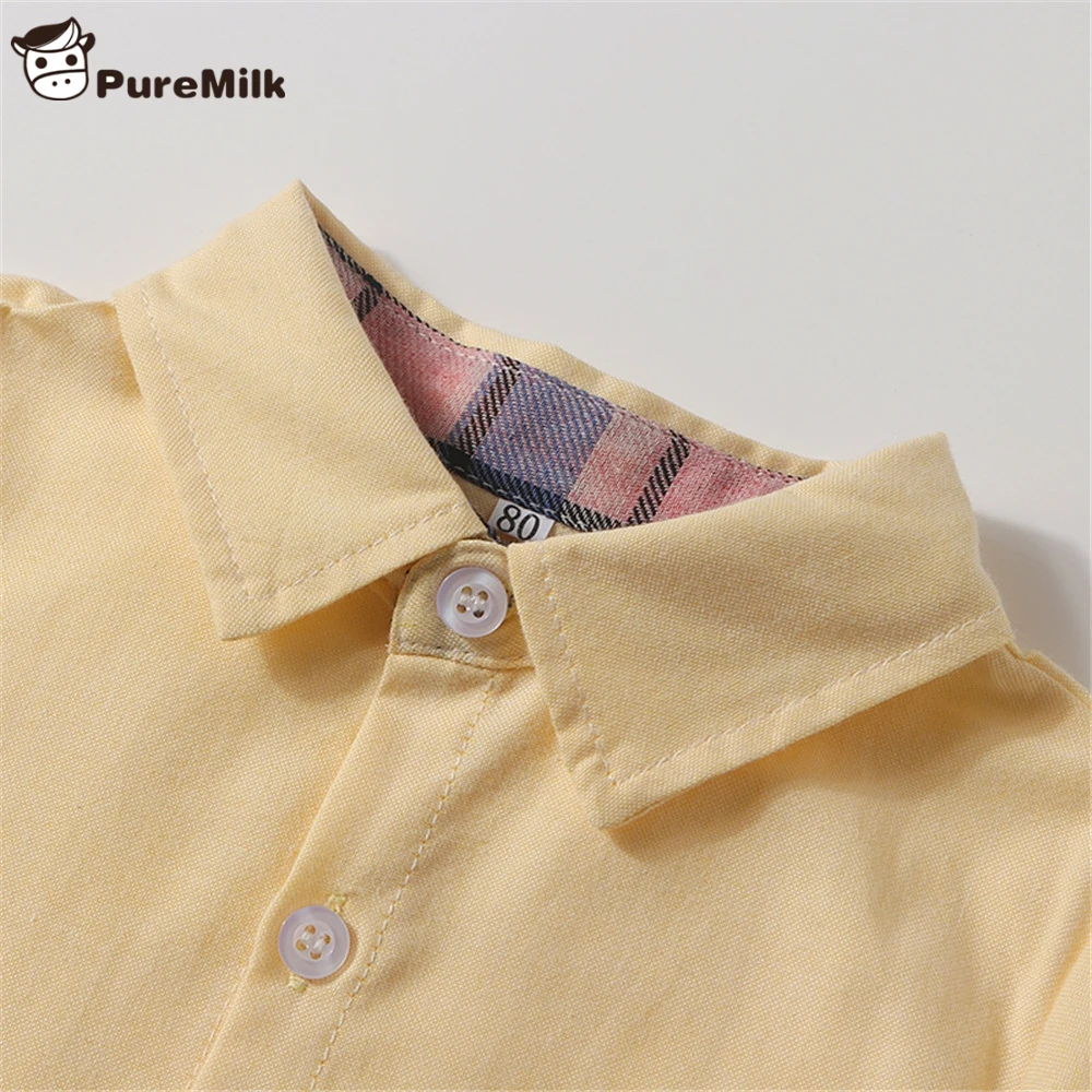 PureMilk Baby Boys Clothes Yollow Shirts With Plaid Pants 4pcs/ Set Long Sleeve Cotton Clothes