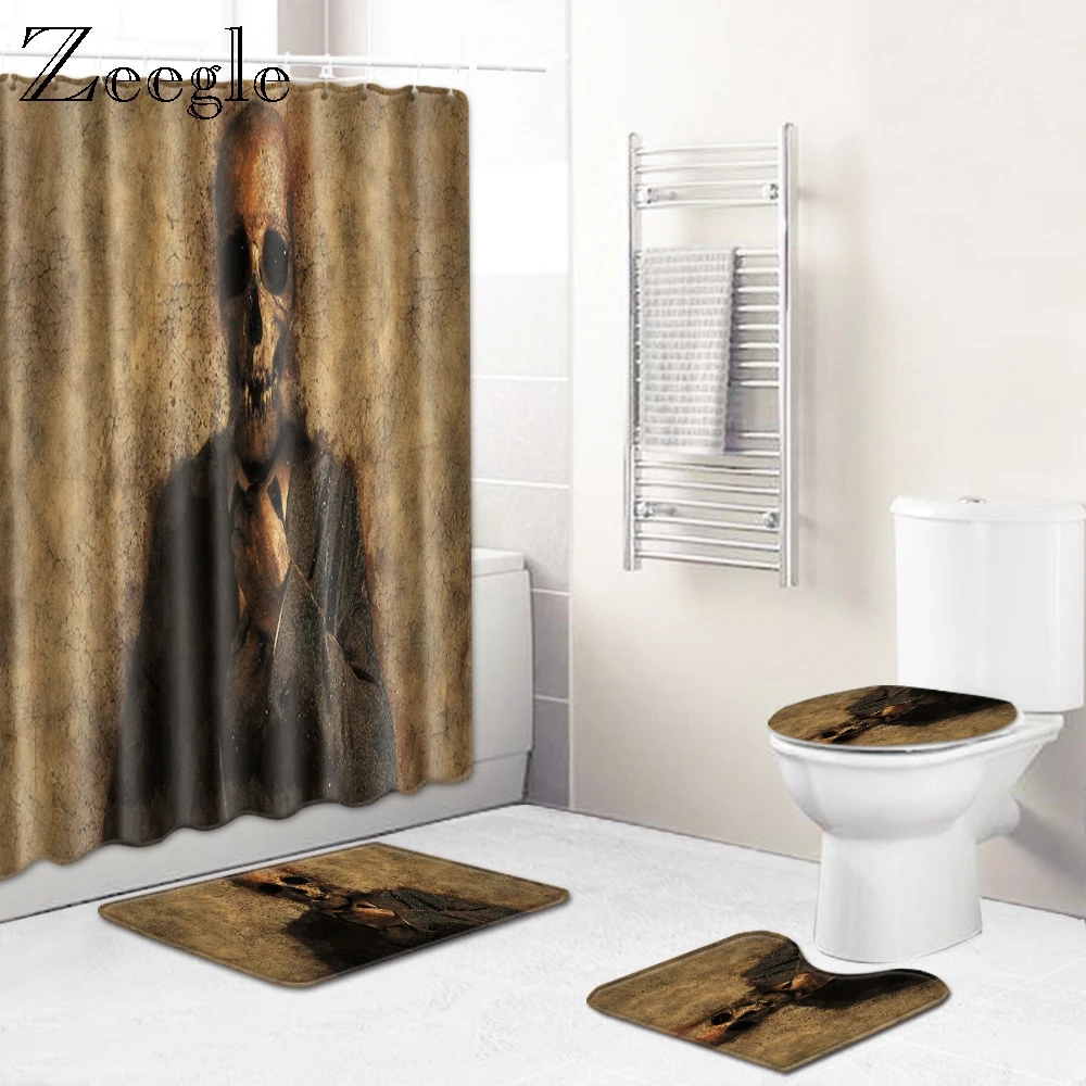 Zeegle Creative Mat for Bathroom 4pcs Bath Mat Set Toilet Seat Cover Waterproof Toilet Shower Curtain Washable Bath Curtain