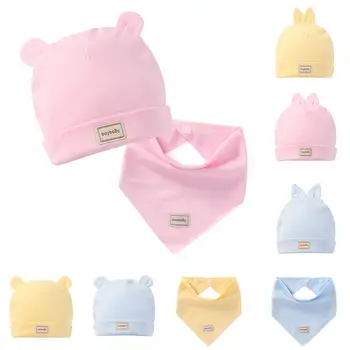 

2Pcs/Set Newborn Baby Cap Soft Hat Beanie with Ears Triangle Towel Scarf Bib Newborn Baby Cap Baby Rabbits Bear Caps Cotton Hats