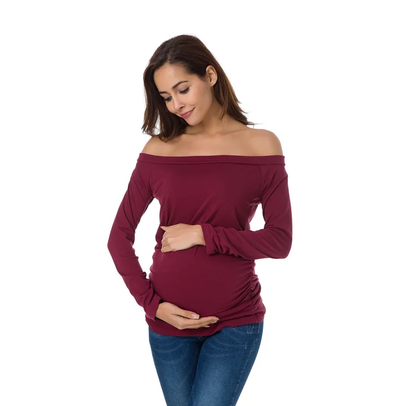 Женская одежда для беременных Туника Топы с открытыми плечами с длинным рукавом для будущих мам Одежда Классическая боковая футболка с рюшами Одежда для беременных