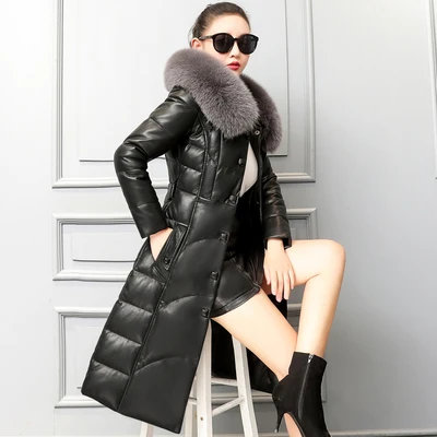 Black style 2 Зимний пуховик из натуральной овчины, женский пуховик из натурального Лисьего меха с капюшоном и поясом, тонкий пуховик из натуральной кожи белого утиного пуха для женщин размера плюс - Цвет: Black style 2