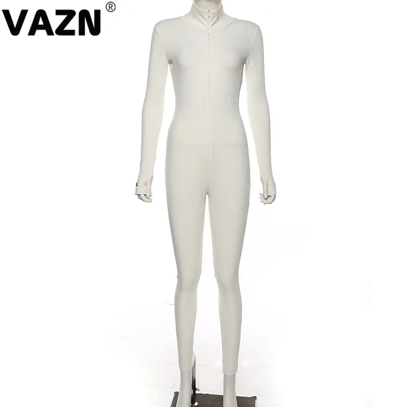 VAZN, черный, белый, дизайн, модный однотонный женский комбинезон с высоким воротом, длинный рукав, длинные брюки-карандаш, комбинезоны, сексуальные Клубные Комбинезоны