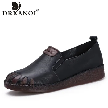 

DRKANOL Women Genuine Leather Loafers Shoes Spring Slip On Flat Shoes Female Retro Handmade Casual Mother Loafer Zapatos Mujer
