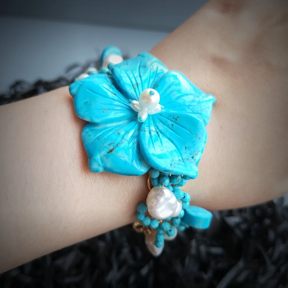 Lii Ji краска голубой бирюзовый браслет Howlite с пресноводным жемчугом ювелирные