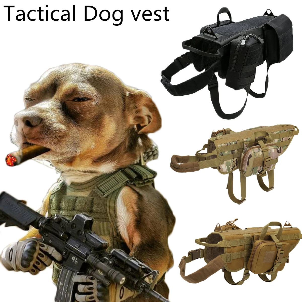 

Tactical Patrol Dog Vest Harness Enforcement Multifunction Vest with 3 Pouches Hunting Airsoft Dog Clothes