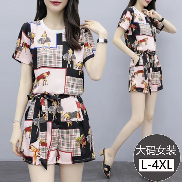 

Large Size Dress Printing Short-sleeved T-shirt Tops Women's Loose Pants Shorts Two-Piece Set Fashion Fat Mm Dress New Style