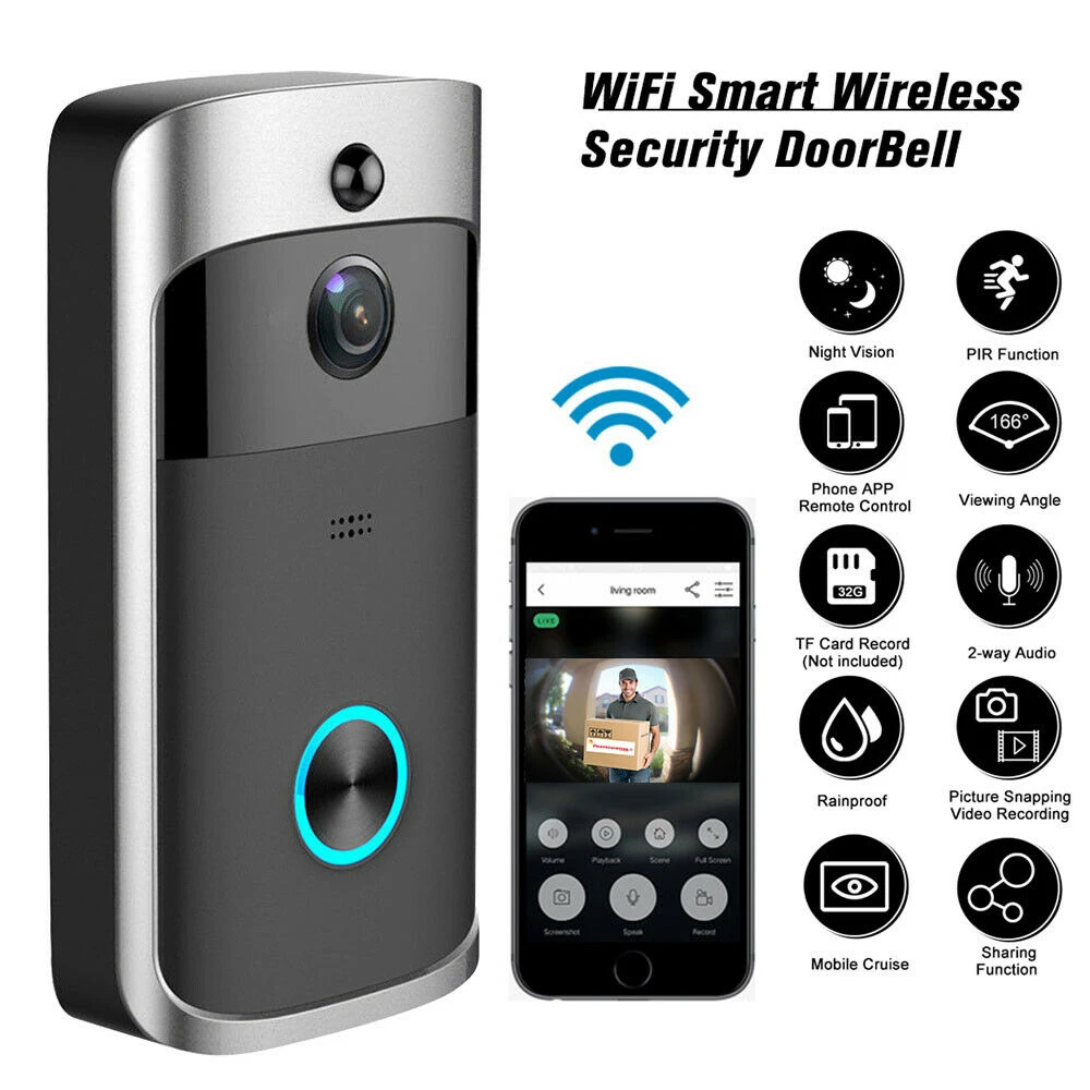 Silver Video Doorbell Wireless WiFi Doorbell Camera with Chime HD WiFi Security Camera Night Vision with Two-Way Conversation for iOS /& Android Phone