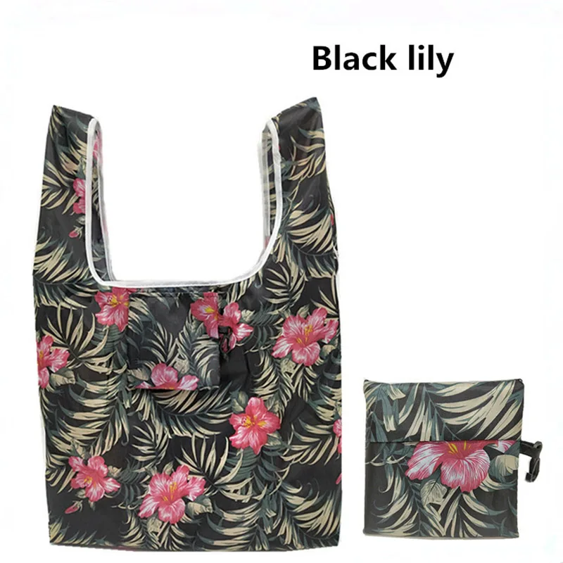 Black Lily GABWE, новая переработанная сумка для покупок с фламинго, эко многоразовая сумка для покупок с короткими ручками, Сумка с мультяшным цветочным рисунком, складная сумка на плечо, сумки с принтом - Цвет: Black Lily