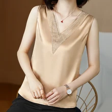 Special Price Korean Silk Women Tank Top Women Elastic Satin Tops Women Embroidery Hollow Out Silk Tanks Tops Plus Size Woman V Neck Basic Top