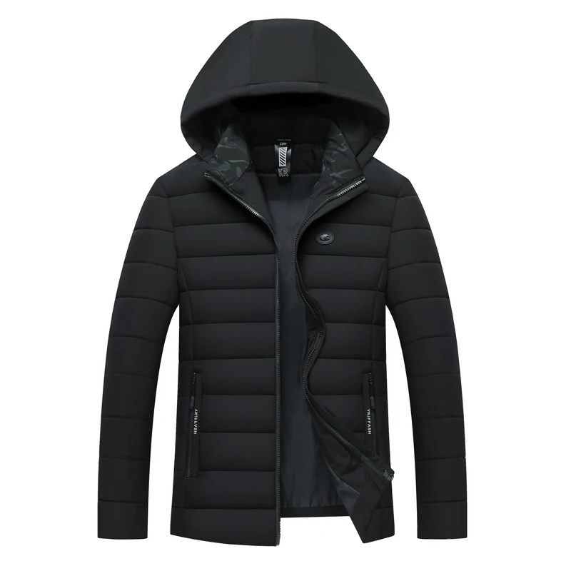 Парка, Новое поступление, зимнее пальто для мужчин, мужская Тонкая куртка, хлопковая теплая утепленная куртка с капюшоном, удобная одежда, мужская однотонная куртка - Цвет: Black