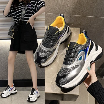 

2020 Spring New Glitter Women's Platform Chunky Sneakers Fashion Women Flat Thick Sole Shoes Woman Dad Footwear
