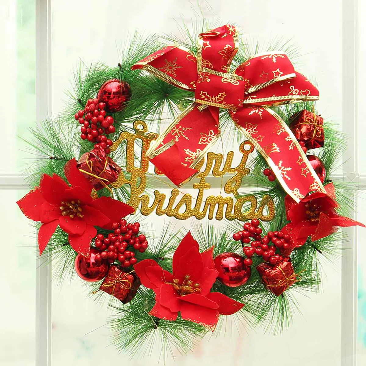 

30cm Red Plastic Festival Flower Circle Tree Door Garlands Ornament Wall Hanging Christmas Wreath Ring Home Holiday Decorations