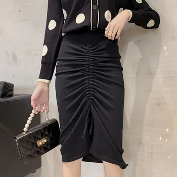 

Autumn Solid Drawing Rope Womens Skirt Fashion Casual Ladies Slim Knitted Skirt High Waist Pencil Skirt
