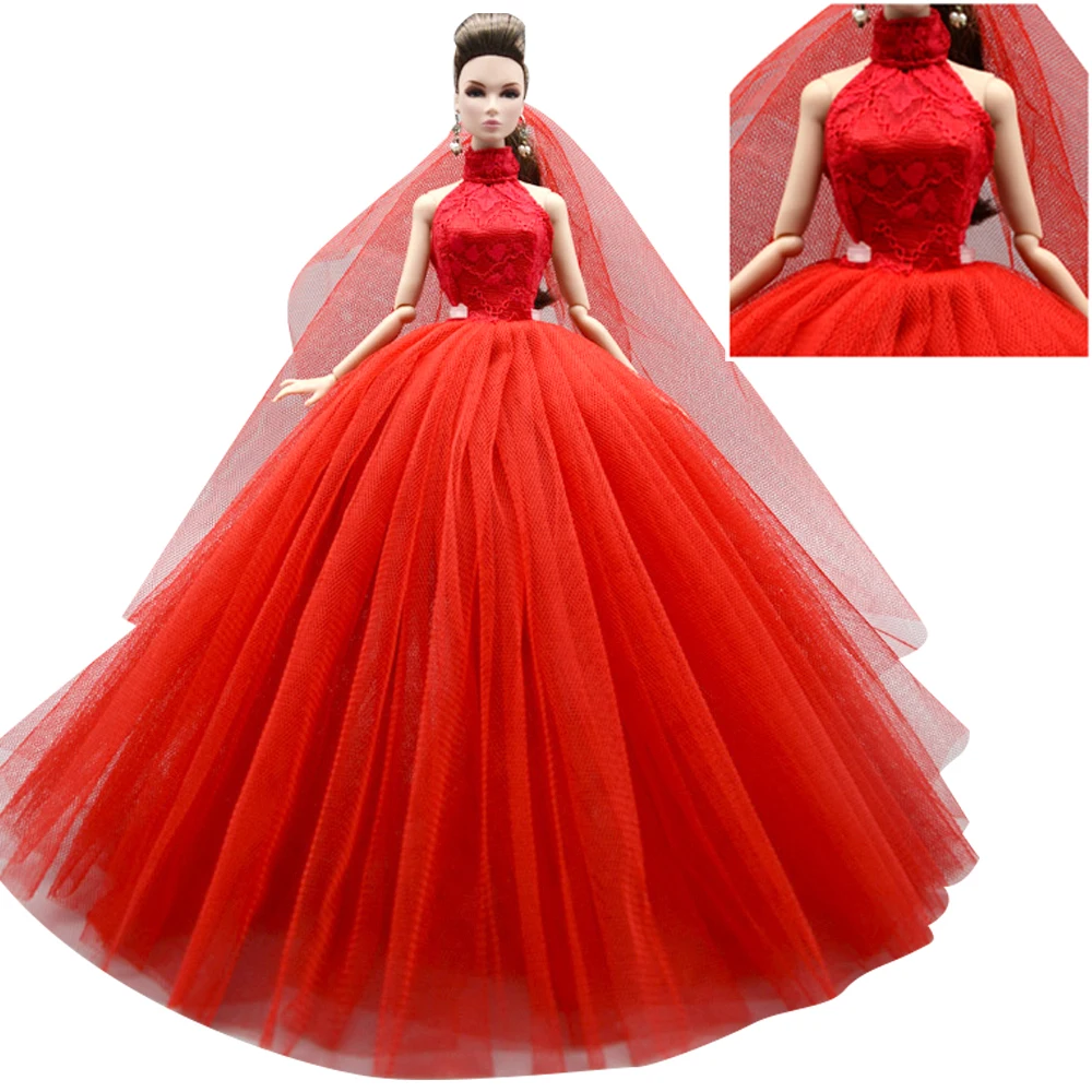 

NK Red Wedding Dress for Barbie Dolls Princess Evening Party Gown Clothes Wears Long Dress Outfits + Veil 1/6 Doll Accessories