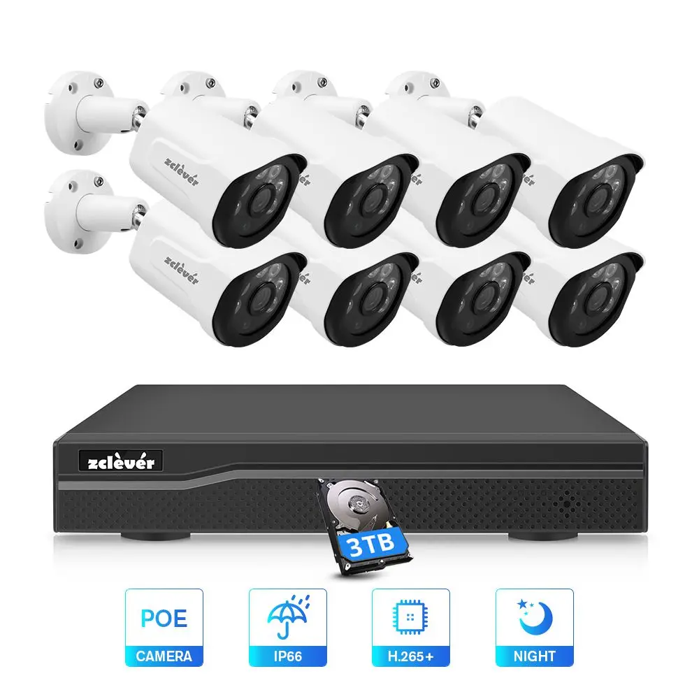 Zclever 1080P PoE 8CH H.265+ HDMI HD NVR домашняя камера безопасности система с 8 шт. открытый/закрытый водонепроницаемый 2.0MP CCTV IP camera