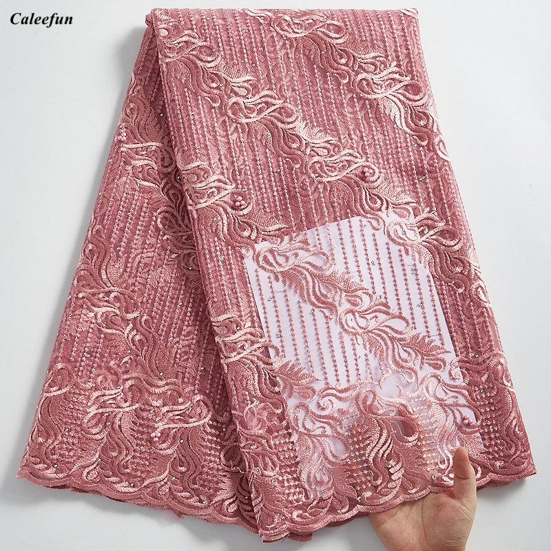 

Onion African Lace Fabric With Beads And Stones High Quality Nigerian Net Lace Fabric For Dress French Mesh Tulle Lace Y2299