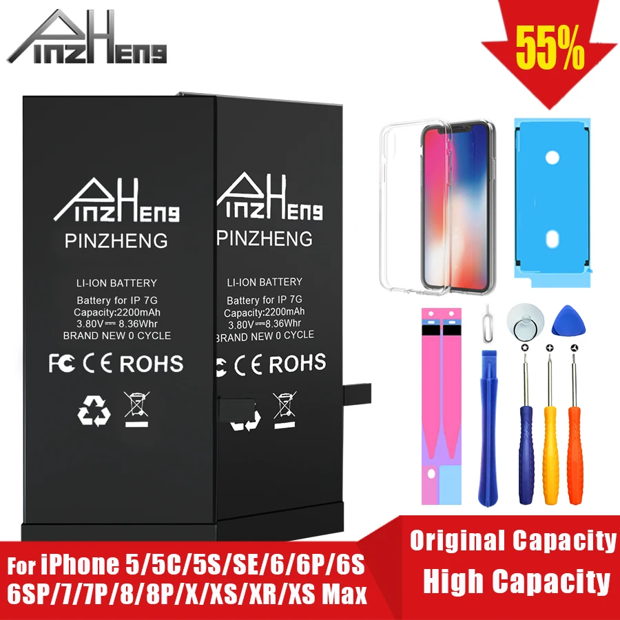 PINZHENG High Capacity Phone Battery For iPhone 6S 6 7 8 Plus X Replacement Battery For iPhone 5 5S 5C SE XR XS Max Batterie
