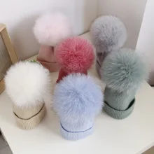 Детская шапка с натуральным мехом для малышей, зимняя шапка с помпонами для мальчиков и девочек, шерстяная шапка, теплая шапка с помпоном из меха енота, детская шапочка, шапка для малыша