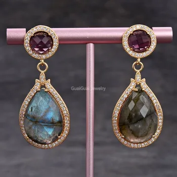 

GuaiGuai Jewelry 19x29MM Natural Teardrop Flash Labradorite Purple Crystal Cz Pave Stud Earrings