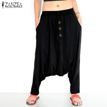 

ZANZEA Women Drop Crotch Pants 2020 New Fashion Ladies Casual Elastic Waist Loose Pockets Trousers Bottoms Streetwear Plus Size