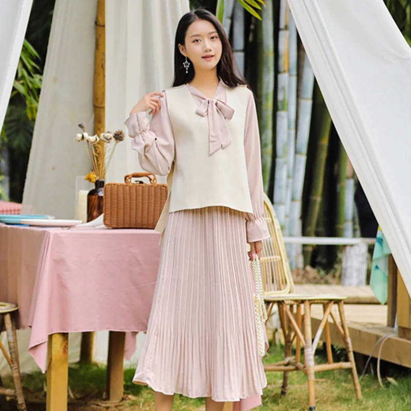 

2020 Spring Pink Korean Chiffon Bow Pleated Two-Piec Knee-Length Dress S-L Empire Elegant Women Long Sleeve Big Swing Dress