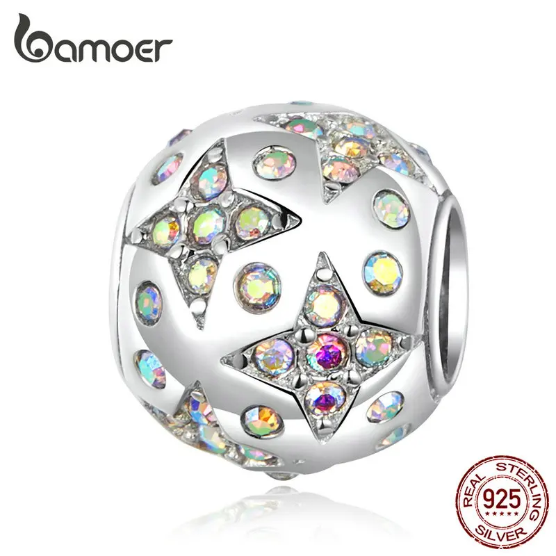 

bamoer Aurora Light Bright Stars Round Charm for Snake Bracelet Genuine 925 Sterling Silver Women Jewelry Making SCC1308