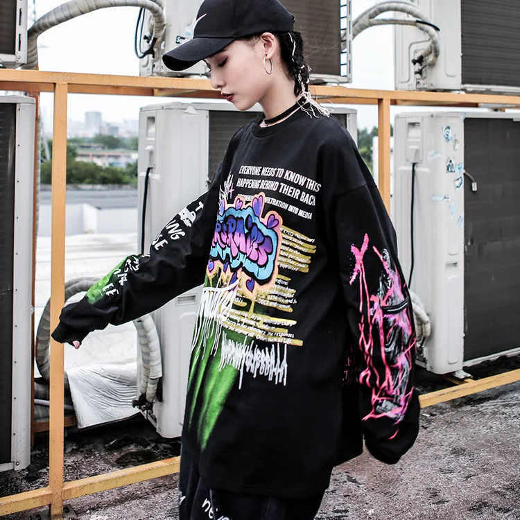 Vefadisa Spring Woman Black Cotton Letter Printed Pullover T-shirt Full Sleeve O-Neck T-shirt Streetwear T-shirt QYF246