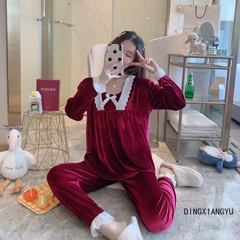 

Gold Velvet Pajamas Princess Style Solid Color Pajamas Women's Suit Lace Bow Women's Pajamas Homewear Suit DINGXIANGYU