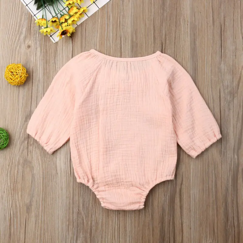 Newborn Autumn Baby Girls Boys Outfits Plain Clothes Cotton Linen Long Sleeve Solid Color Romper Jumpsuit One-Piece Outfit