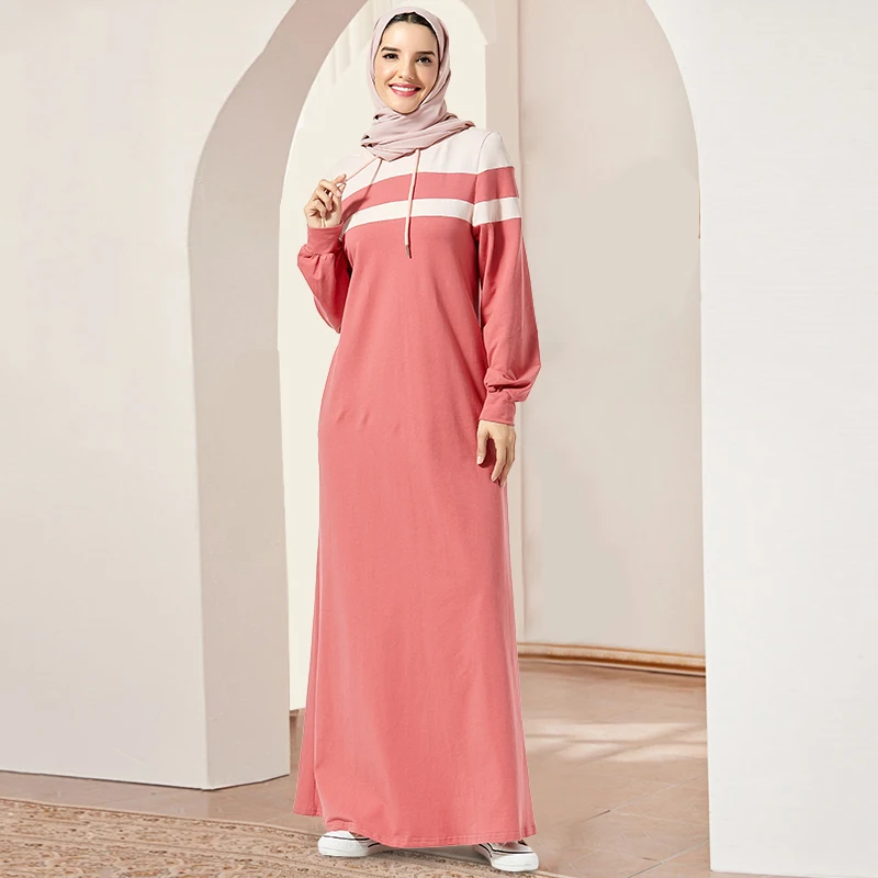

Siskakia Knit Hooded Long Dress Fashion Stripes Color Block Maxi Sweatshirt Dresses Fall Winter 2019 Walking Jogging Wears Pink