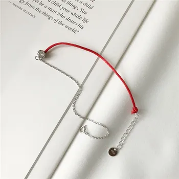 

POFUNUO S925 Silver Women Fashion Red Rope Zircon Anklets Vintage Curb Chain Ankle Bracelets Korean Style Feet Jewelry Anklets