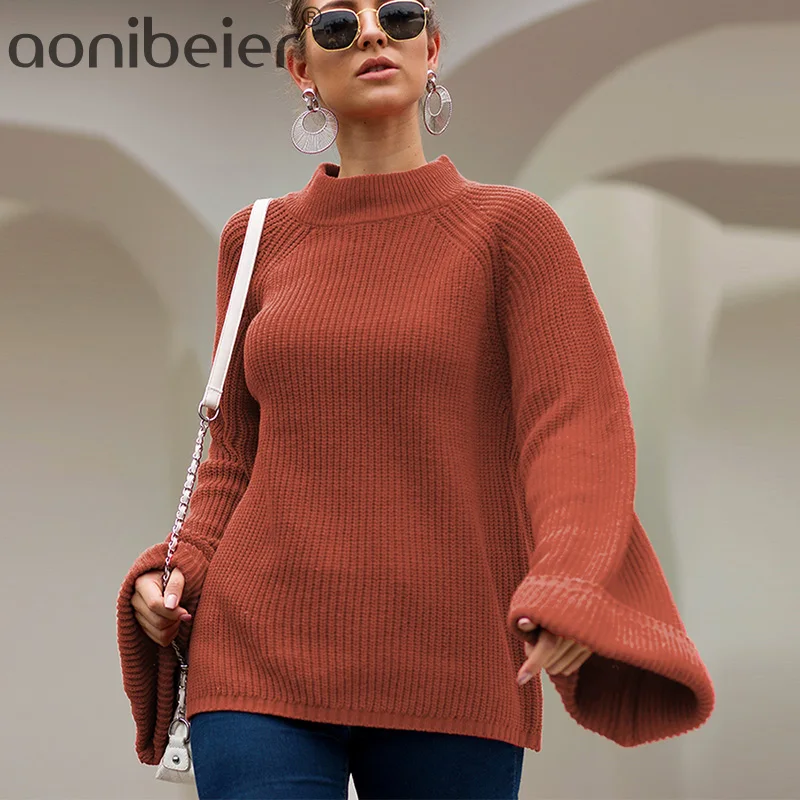 

Aonobeier Red Women Knit Loose Sweaters 2019 Autumn Winter Flare Sleeve Fitted Drop Shoulder Sweater Top Pullovers Long Jumpers